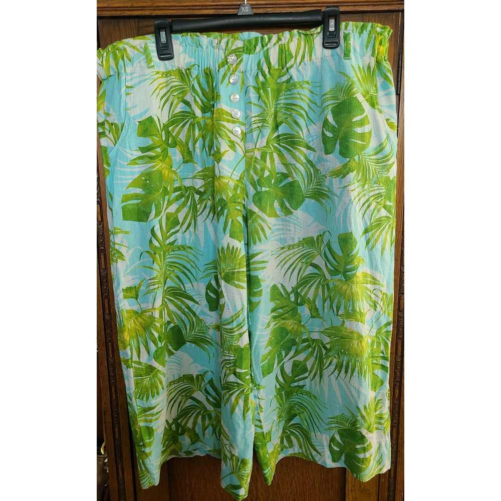 Ruby Rd Tropical Palm Leaf Print Linen Blend Wide Leg Crop Pants Green Blue XL